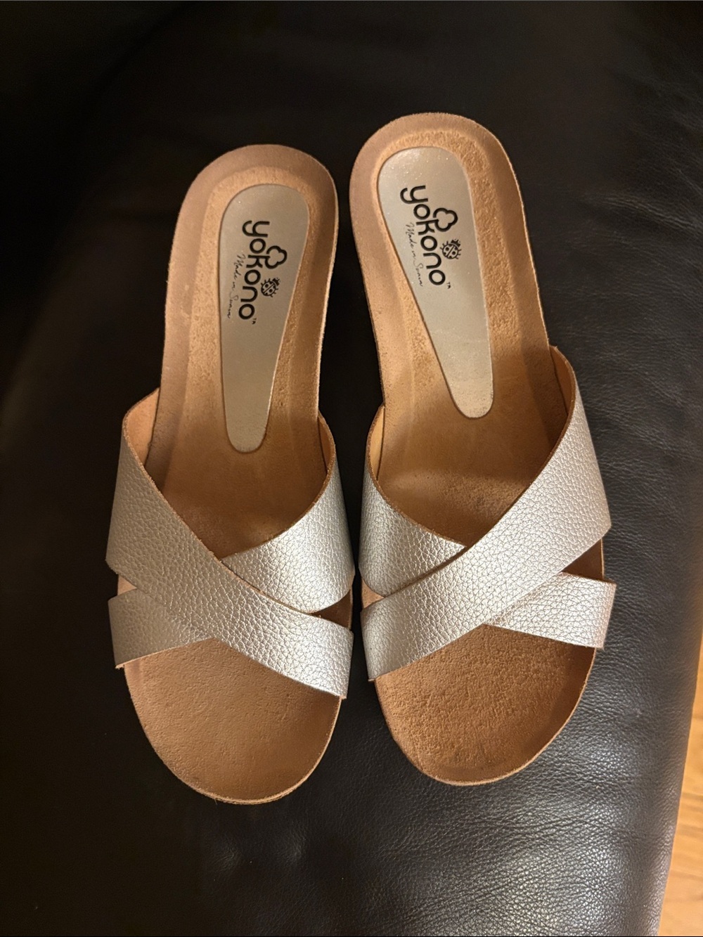Yakono Leather Silver Crisscross Slide Sandals for Women 40 made in Spain